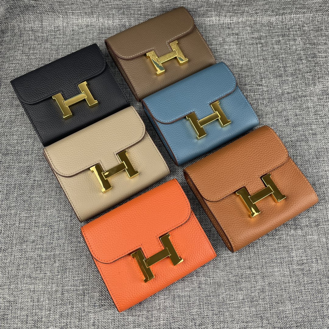 Hermes Constance pebbled gold buckle wallet